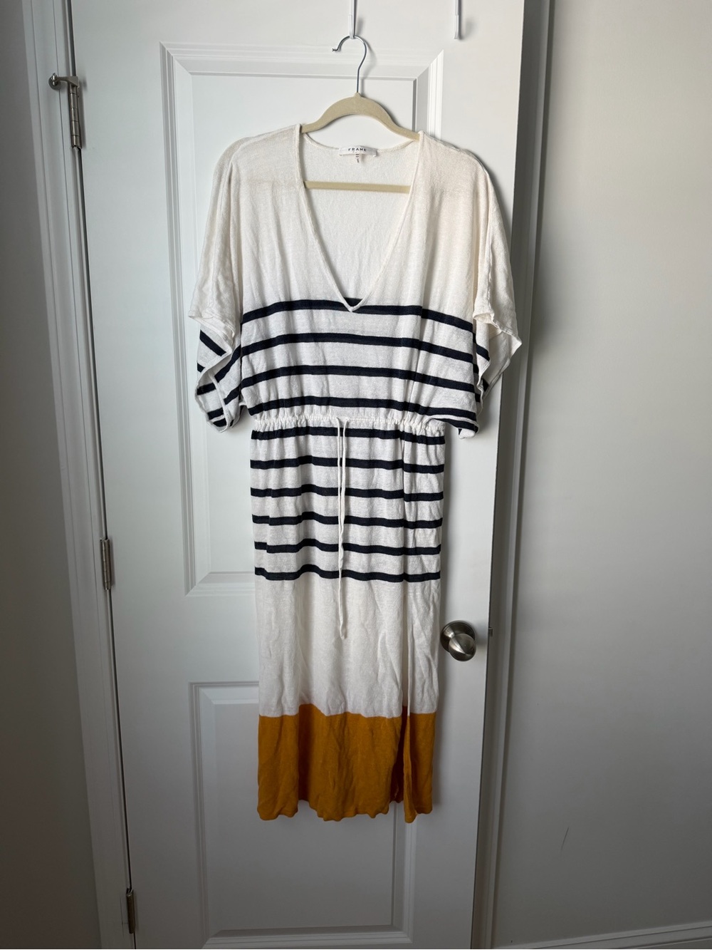 FRAME Oversized Striped V-Neck Drawstring Waist Midi Linen Blend Swim Coverup XS